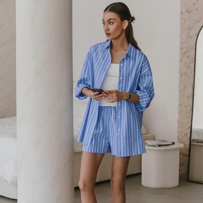 Color-Blue Color Striped Collared Long Sleeved Pants Suit Summer Women Clothing Two Piece Suit-Fancey Boutique