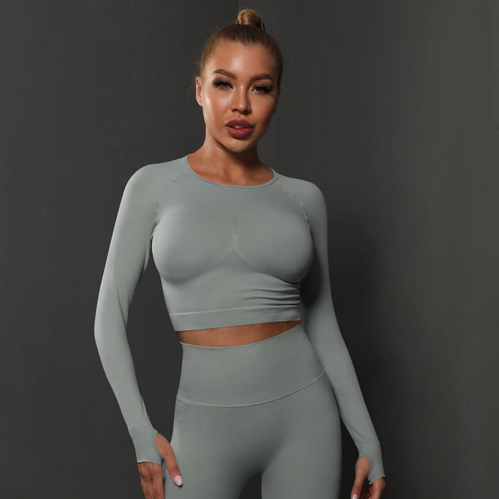 Color-Long Sleeve-Light Gray-Seamless Knitted Solid Color Peach Tight T Shirt Top Fitness Exercise Yoga Clothes Moisture Absorption Body Shaping Long Sleeve Women-Fancey Boutique