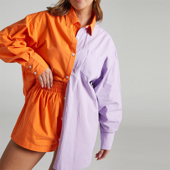 Color-Orange and Purple-Spring Summer Two Piece Set Solid Color Single Breasted Long Sleeve Collared Shirt Shorts Loose Casual Set-Fancey Boutique