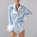 Color-Fall Christmas Artificial Silk Blue Feather Detachable Long Sleeve Shorts Pajamas Women French Homewear-Fancey Boutique