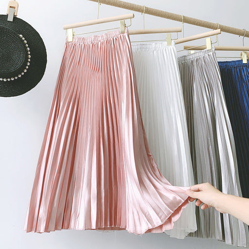 Color-Pink-High Waist Satin Metallic Pleated Skirt Spring Summer Women Retro Mid-Length Slimming A- line Skirt-Fancey Boutique