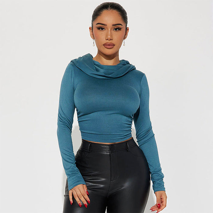 Color-Women Clothing Autumn Solid Color Casual Hooded Long Sleeves Cropped Slim Pleated T shirt Top-Fancey Boutique