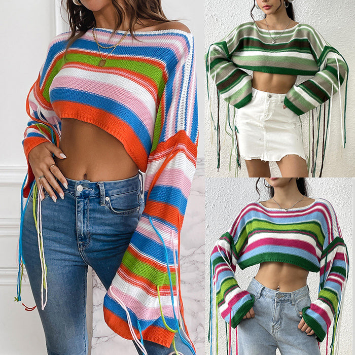 Color-Women Rainbow Striped Fringed Sweater Sexy Ultra Short Cropped Loose Sweater-Fancey Boutique
