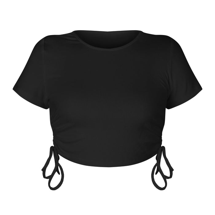 Color-Black-Summer Sexy Sunken Stripe Cropped Short Drawstring Lace up round Neck Short Sleeve T shirt Women Top-Fancey Boutique