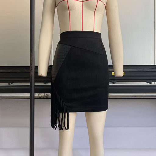 Color-Black-Tassel Leather Skirt Skirt Suede Skirt Stitching Irregular Asymmetric High Waist Sexy Hip Skirt Short Skirt-Fancey Boutique