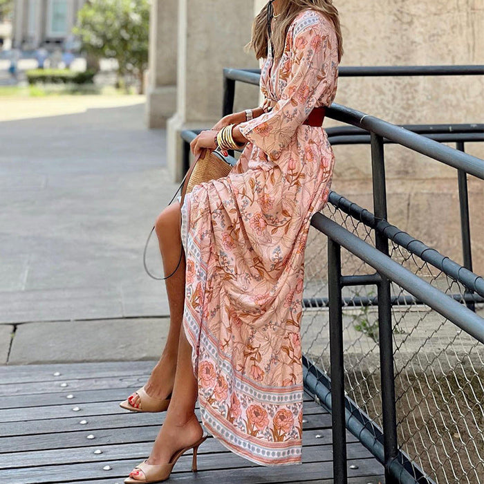 Color-Autumn Women Casual Bohemian Midi Printed Dress-Fancey Boutique