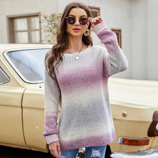 Color-Women Clothing Autumn Winter Long Sleeve Loose Knitted Top Gradient Pullover Sweater for Women-Fancey Boutique
