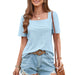 Color-Blue-Summer Women Clothing Square Neck T Shirt Mesh Hollow Out Cutout Out Short Sleeved Casual Top-Fancey Boutique