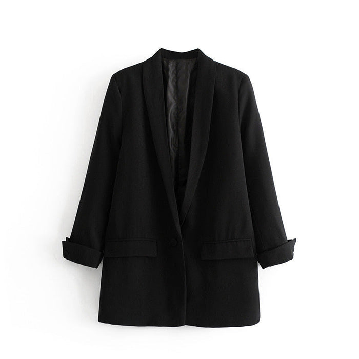 Color-Black-Women Clothing Early Spring One Button Cuff Curling Loose Blazer Women-Fancey Boutique