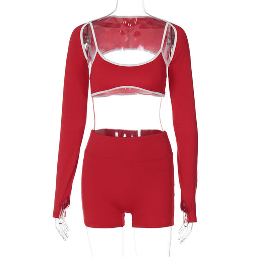 Color-Red-Long Sleeve Shawl Sports Suit Fall Women Clothing Color Contrasting Stripe Shorts Wrapped Chest Sports Three Piece Suit-Fancey Boutique
