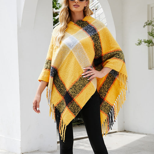 Color-Autumn Winter Cashmere Contrast Color Striped Cloak Knitted Tassel Scarf Shawl Women-Fancey Boutique