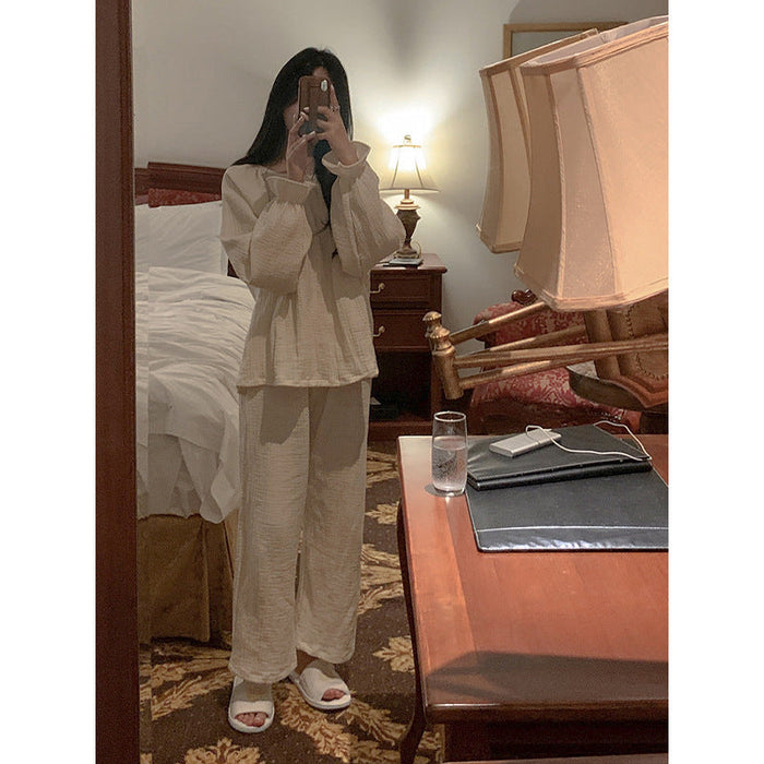 Color-Apricot-Homewear Suit Pure Cotton Double Layer Gauze Pajamas Long Sleeve Long Sleeve Two Piece Set Lace Collar Pajamas-Fancey Boutique
