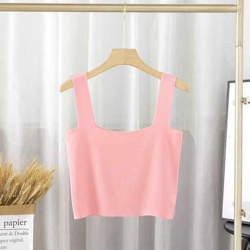 Color-Pink-Square Collar Knitted Small Tank Top Vest Women Inner Bottoming Shirt Outer Wear Beauty Back Sleeveless Short Tube Top-Fancey Boutique