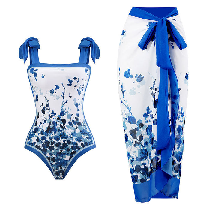 Color-Blue Leaf Set-Retro Swimsuit Conservative One Piece Spring Swimsuit Suit Women Chiffon Blouse-Fancey Boutique