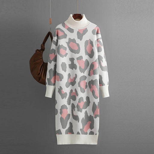 Color-Gray-Autumn Winter Turtleneck Base Knitted Dress Leopard Print Maxi Dress for Women-Fancey Boutique
