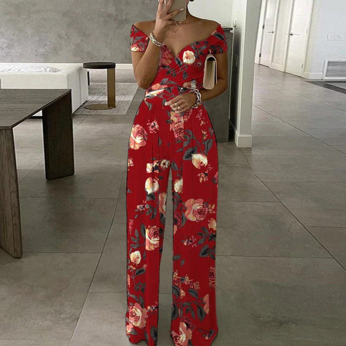 Color-Red Printing-Spring Autumn Women Clothing off Shoulder Printing Office Printed Waist Controlled Jumpsuit-Fancey Boutique
