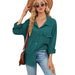 Color-Peacock green-Solid Color Polo Collar Button Pocket Long Sleeve Loose Fitting Coat Top Women-Fancey Boutique