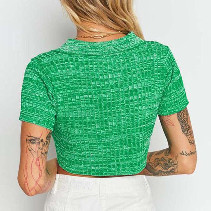 Color-Women Polo Shirt Green Collared Knitwear Sweater Small Cardigan Cropped Short Sleeve Short Sleeve-Fancey Boutique
