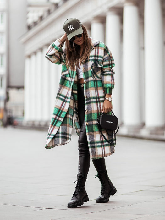 Color-Autumn Winter Polo Collar Single-Breasted Long Sleeve Plaid Shacket Coat-Fancey Boutique