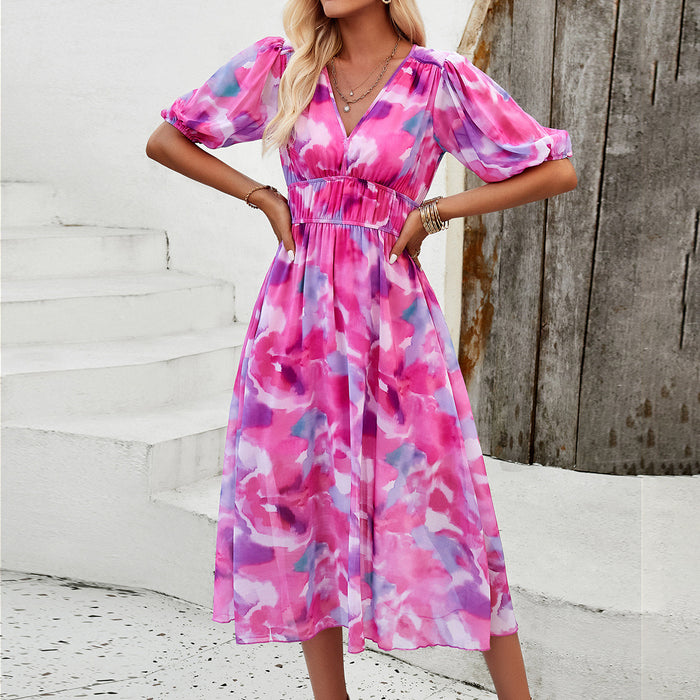 Color-Women Clothing Spring Summer Elegant Printed Waist Controlled V neck Dress-Fancey Boutique