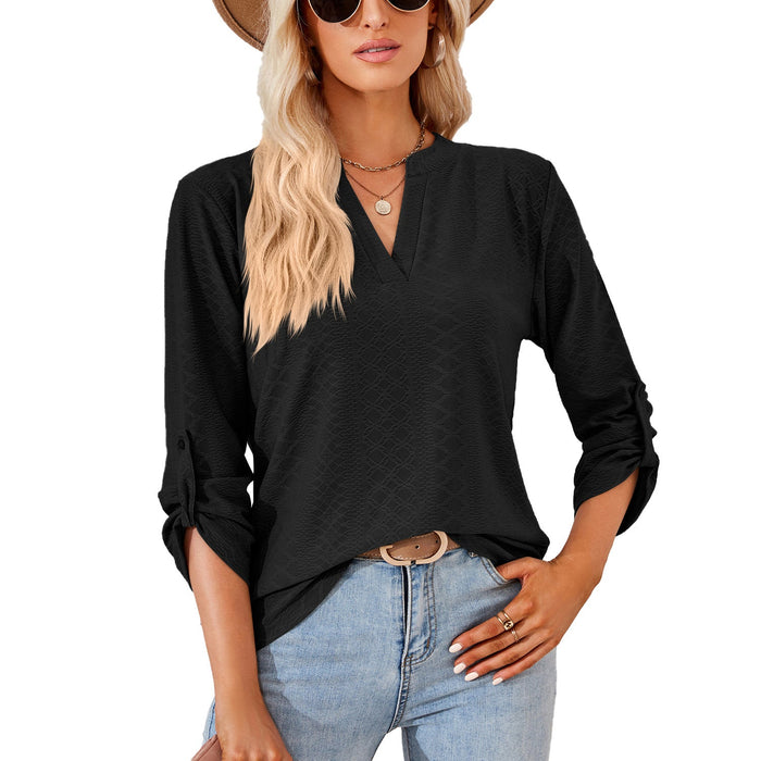 Color-Black-Autumn Winter Solid Color V-neck Three-Quarter Sleeve Button Loose-Fitting T-shirt Top Women-Fancey Boutique