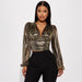 Color-Nightclub Open Collar Deep V Plunge Metal Color Shrink Folding Lantern Sleeve Waist Tight Sexy Top-Fancey Boutique