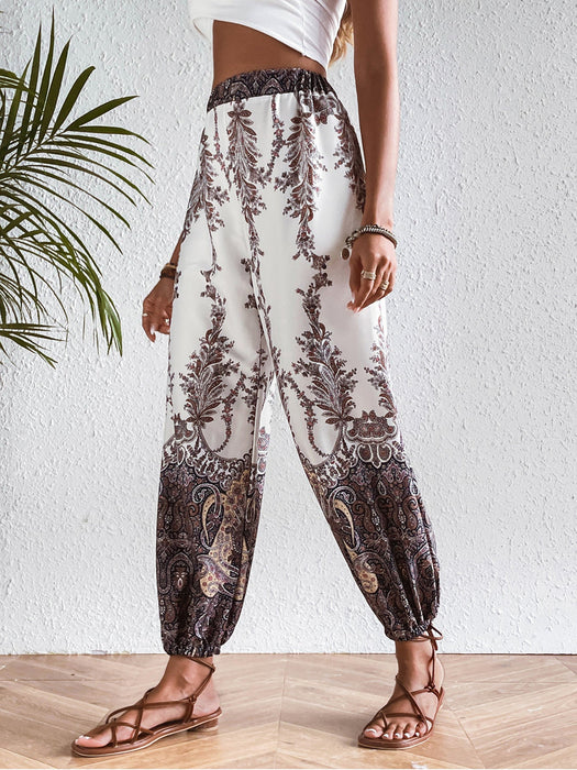 Color-Ladies Spring Autumn Loose Ethnic Paisley Printed Elastic Waist Casual Trousers Pants-Fancey Boutique