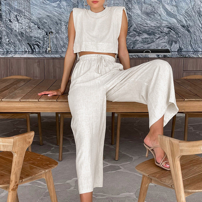 Color-Summer Padded Shoulder Sleeveless Top Trousers Two Piece Set Casual Cotton Linen Suit Women Clothing-Fancey Boutique