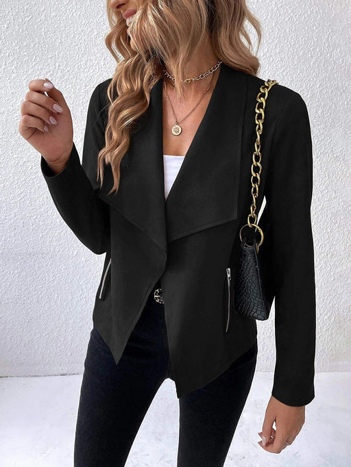 Color-Black-Women Fur Coat Collared Long Sleeve Office Zipper Short Women Top-Fancey Boutique