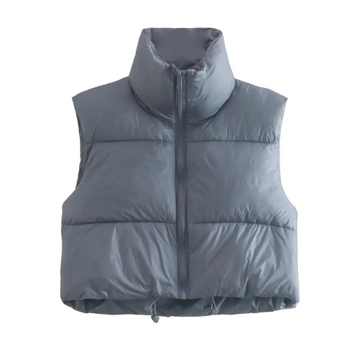 Color-Gray-Sleeveless Zipped Stand Collar Cotton Vest Autumn Winter Multi Color Slim Fit Cotton Padded Jacket Vest Top-Fancey Boutique