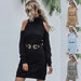 Color-Mid-Length Sweater Women Fall Winter High Neck Pullover Dress Sweater no belt-Fancey Boutique