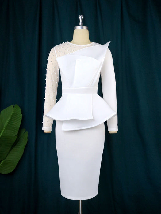 Color-White-Model Cutting Piece Stitching Faux Two Piece Dress Beaded High Waist Slimming Dress-Fancey Boutique