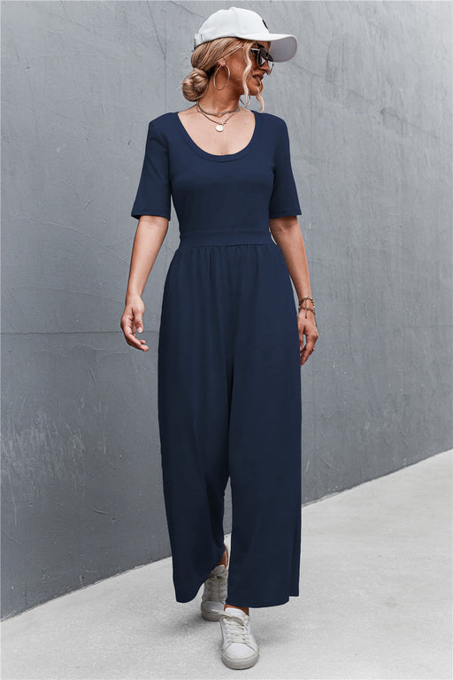 Color-Blue-Spring Summer Short Sleeve U Collar Loose Wide Leg Jumpsuit-Fancey Boutique