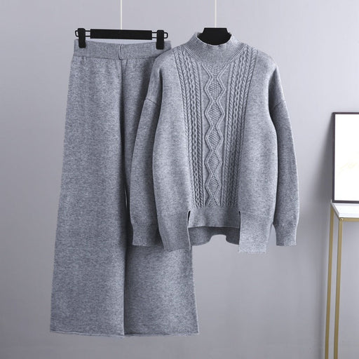 Color-Gray-Autumn Winter Slimming Knitted Suit Women Thickened Loose Turtleneck Sweater Wide Leg Pants Two Piece Suit-Fancey Boutique