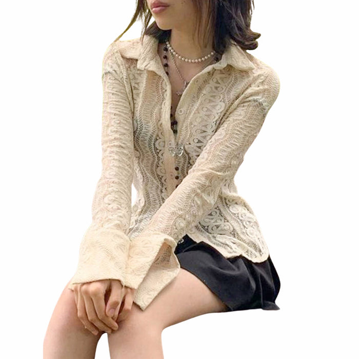 Color-Autumn Winter Lace See through Slim Collared Sexy Bottoming Shirt Women-Fancey Boutique