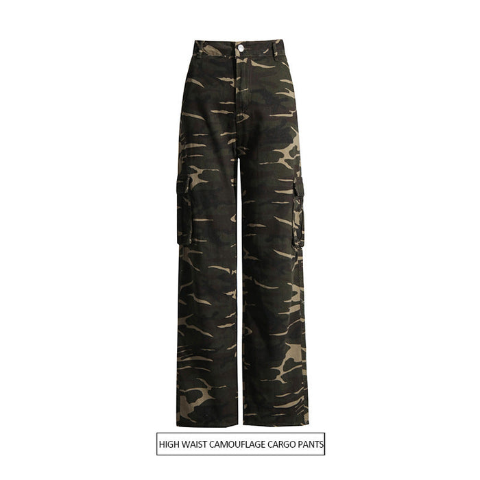 Color-camouflage color-High Street Retro Denim Camouflage Pants Autumn Trendy Multi Pocket Workwear Straight Leg Pants Women-Fancey Boutique