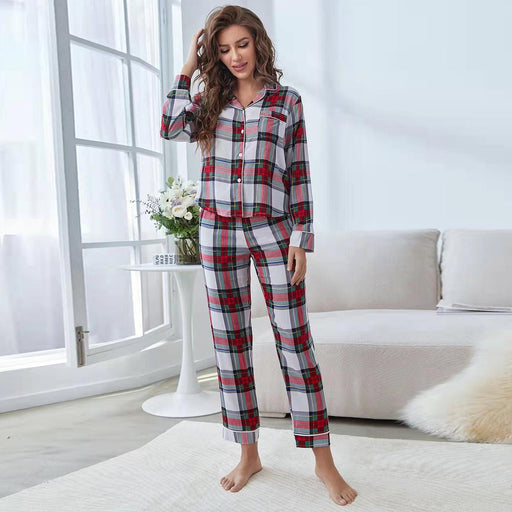 Color-Plaid-Pajamas Women Spring Autumn Cardigan Contrast Color Homewear Suit Mother Daughter Parent-Child Wear Pajamas-Fancey Boutique