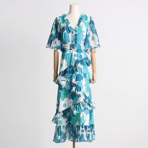 Color-Vacation Sexy Beach Dress Spring V neck Ruffle Irregular Asymmetric Dress Women-Fancey Boutique