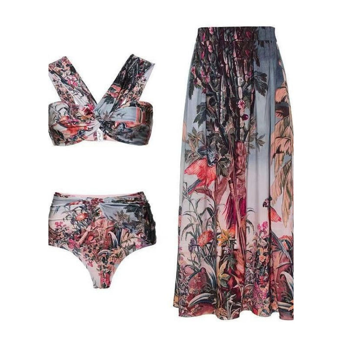 Color-Vacation Beach Dress Swimsuit Women's Retro Printed Spring Bathing Suit Three Piece Suit-Fancey Boutique