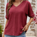 Color-Burgundy-Women Clothing Summer Solid Color V neck Short Sleeved Casual Top T shirt Women-Fancey Boutique