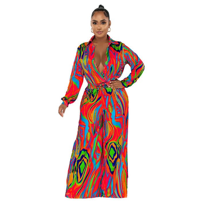 Color-Red-Women Clothing Fall Winter Printed Shirt Collar Wide Leg Jumpsuit-Fancey Boutique