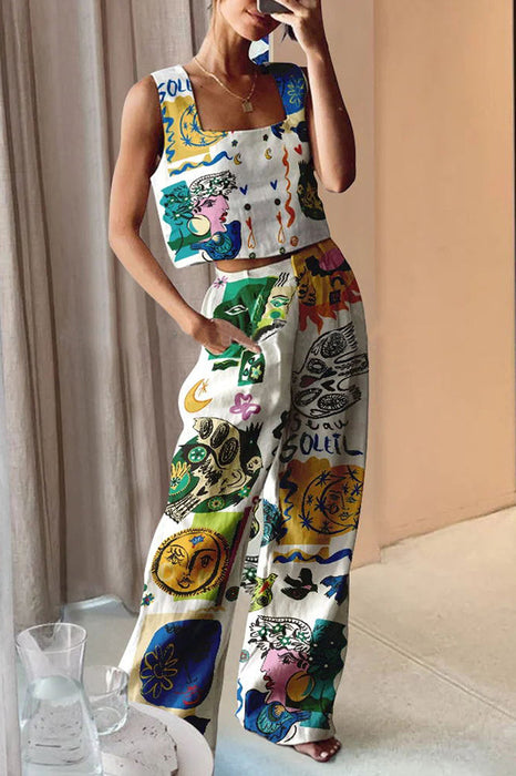 Color-Printed Wide Leg Pants Vest Casual Two Piece Set Women-Fancey Boutique