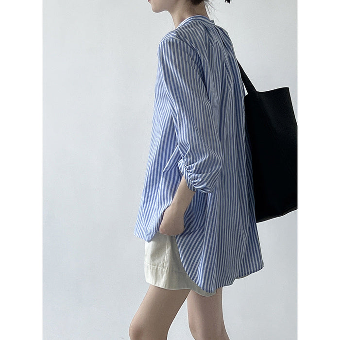 Color-Korean Half Placket Striped Shirt for Women Autumn Stand Collar Long Sleeve Design Blouse-Fancey Boutique