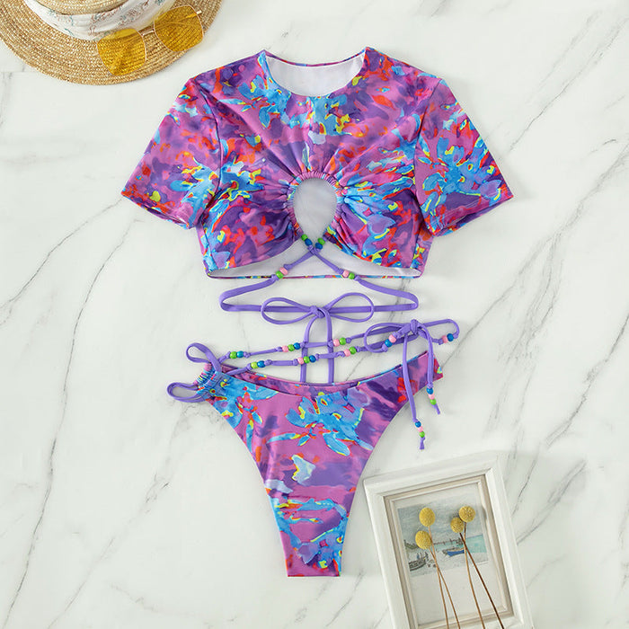 Color-Multi-Sexy Solid Color Tied Bikini Half Sleeve Hollow Out Cutout Print Women Swimsuit Swimwear-Fancey Boutique