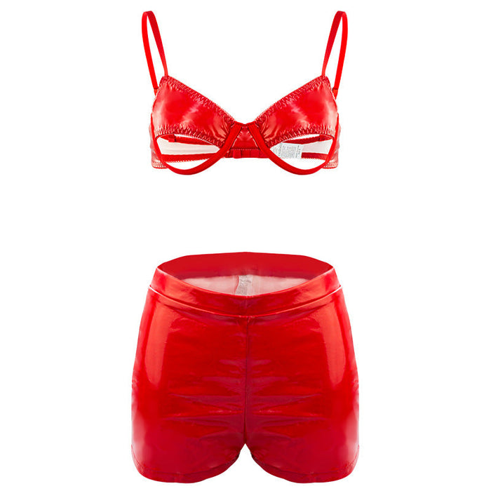 Color-Sexy Lingerie Hollow Out Cutout Backless Bra Autumn Soft High Elastic Bright Leather Shorts Sexy Two Piece Suit-Fancey Boutique