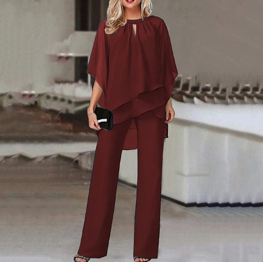 Color-Burgundy-Women Clothing Solid Color Loose Casual Irregular Asymmetric Suit-Fancey Boutique