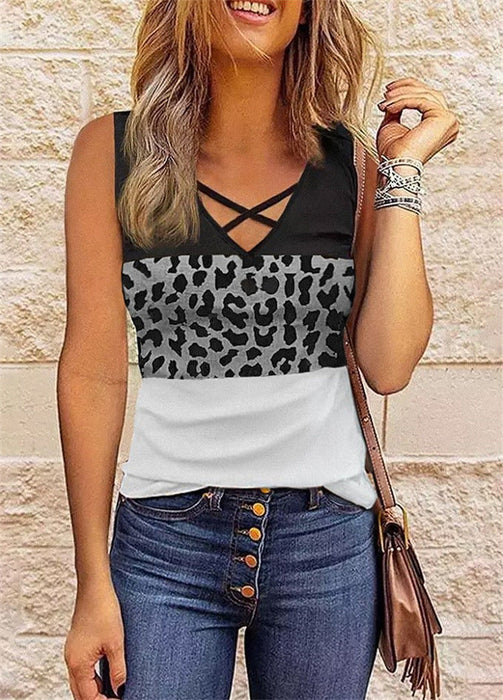 Color-Gray-Summer Women Clothing Leopard Splicing V neck Top Large Quantity-Fancey Boutique