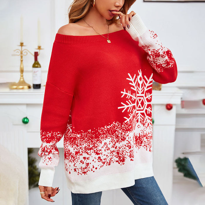 Color-Popular Small Snowflake Christmas Sweater Autumn Winter Christmas Casual Off The Shoulder Sweater Women-Fancey Boutique