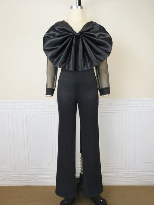 Color-Black-Spring V neck Tramsparent Yarn Long Sleeve High Waist Jumpsuit Casual Office Women Jumpsuit-Fancey Boutique