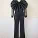 Color-Black-Spring V neck Tramsparent Yarn Long Sleeve High Waist Jumpsuit Casual Office Women Jumpsuit-Fancey Boutique